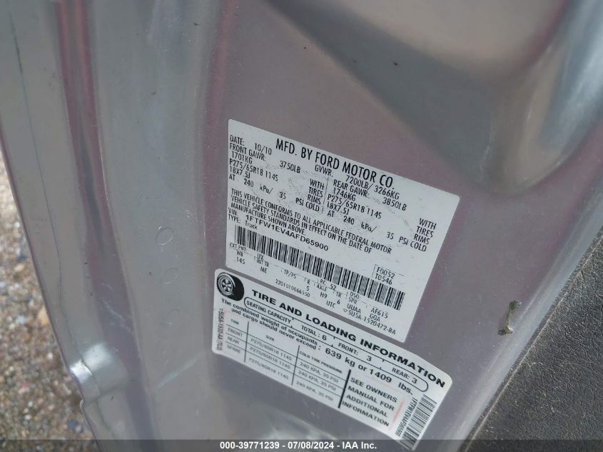 2010 Ford F-150 Fx4/Lariat/Xl/Xlt VIN: 1FTFW1EV4AFD65900 Lot: 39771239