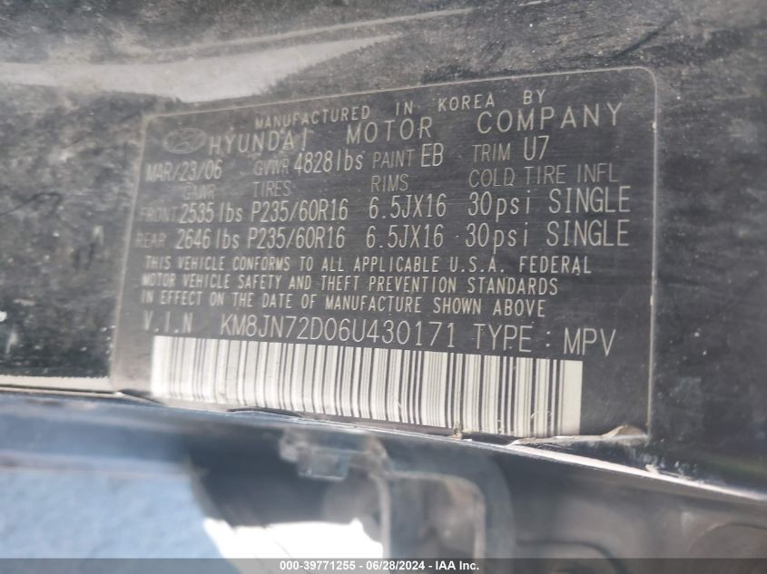 2006 Hyundai Tucson Gls/Limited VIN: KM8JN72D06U430171 Lot: 39771255