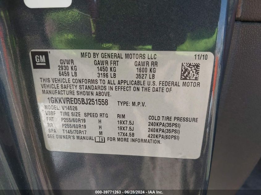2011 GMC Acadia Slt-1 VIN: 1GKKVRED5BJ251558 Lot: 39771263