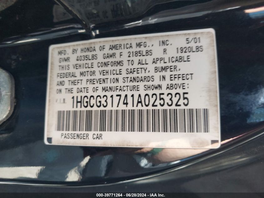 2001 Honda Accord 2.3 Ex VIN: 1HGCG31741A025325 Lot: 39771264
