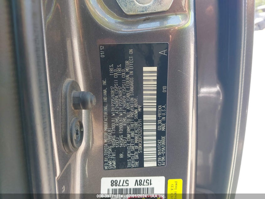 2012 Toyota Sienna Le V6 8 Passenger VIN: 5TDKK3DC7CS221511 Lot: 39771274