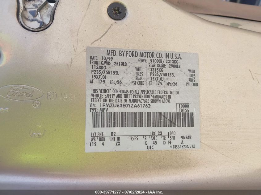 2000 Ford Explorer Xlt VIN: 1FMZU63E0YZA61762 Lot: 39771277