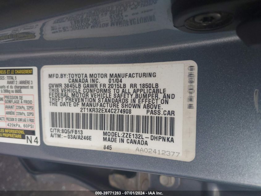 2004 Toyota Matrix Xr VIN: 2T1KR32EX4C274908 Lot: 39771283