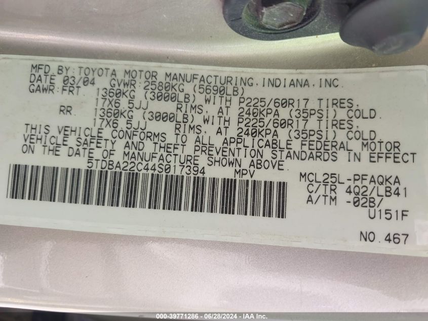 2004 Toyota Sienna Xle VIN: 5TDBA22C44S017394 Lot: 39771286