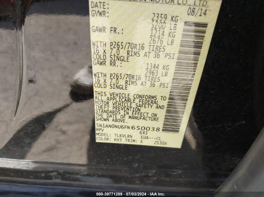 2015 Nissan Xterra X/S/Pro-4X VIN: 5N1AN0NU6FN650038 Lot: 39771289