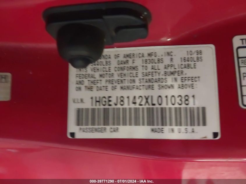 1999 Honda Civic Ex VIN: 1HGEJ8142XL010381 Lot: 39771290