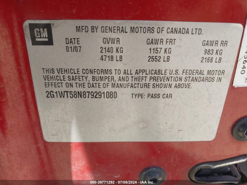 2007 Chevrolet Impala Lt VIN: 2G1WT58N879291080 Lot: 39771292