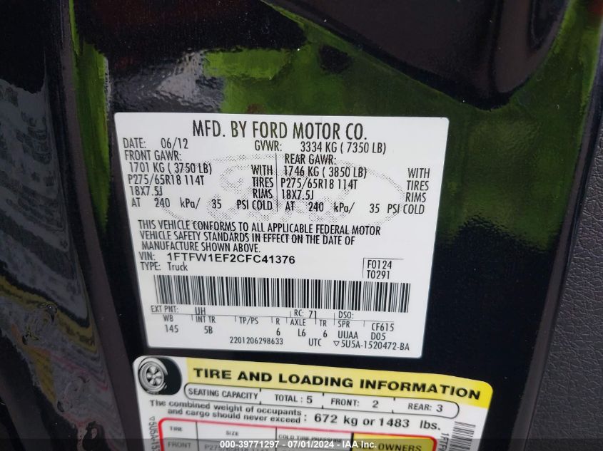 2012 Ford F-150 Fx4 VIN: 1FTFW1EF2CFC41376 Lot: 39771297