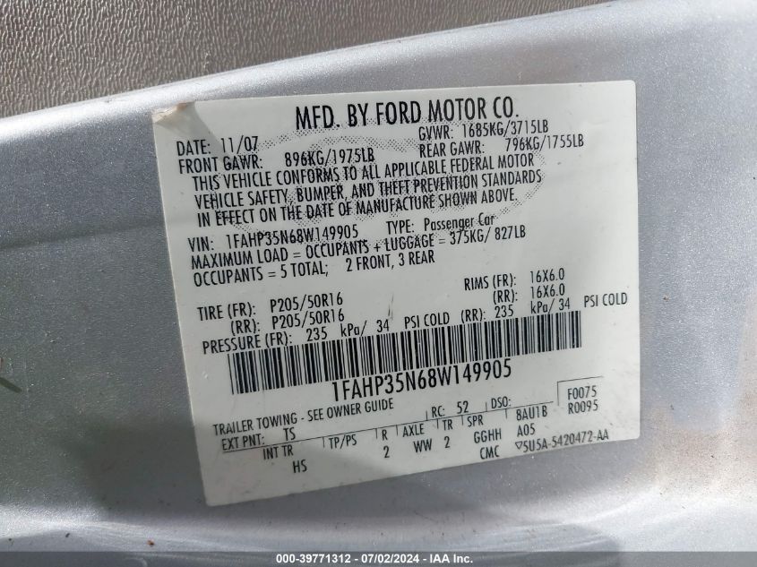 2008 Ford Focus Se/Ses VIN: 1FAHP35N68W149905 Lot: 39771312