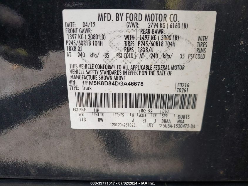 2013 Ford Explorer Xlt VIN: 1FM5K8D84DGA46678 Lot: 39771317