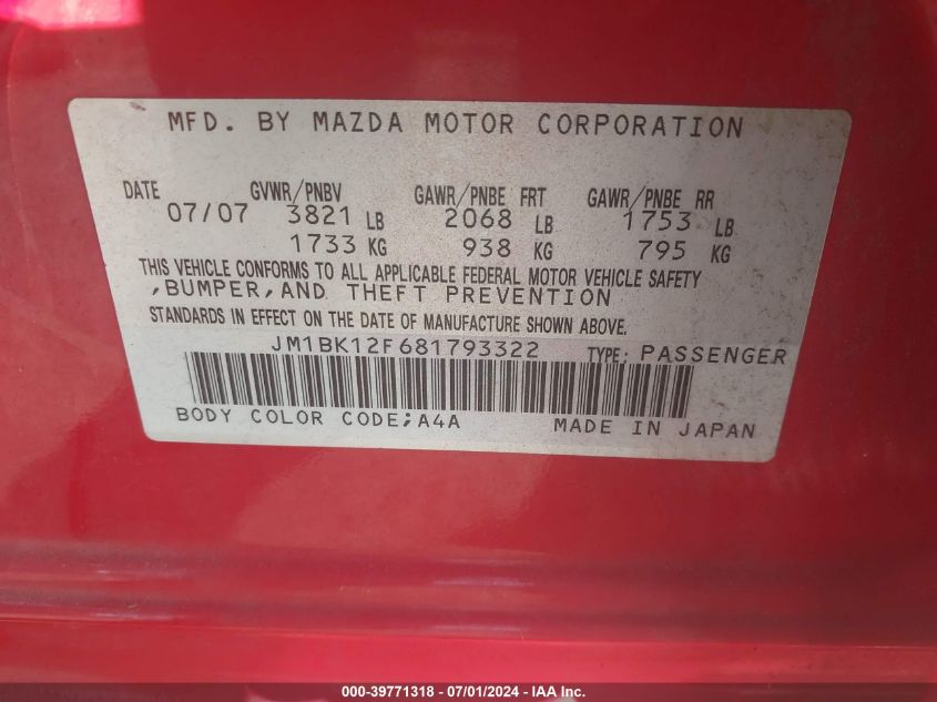 JM1BK12F681793322 | 2008 MAZDA MAZDA3