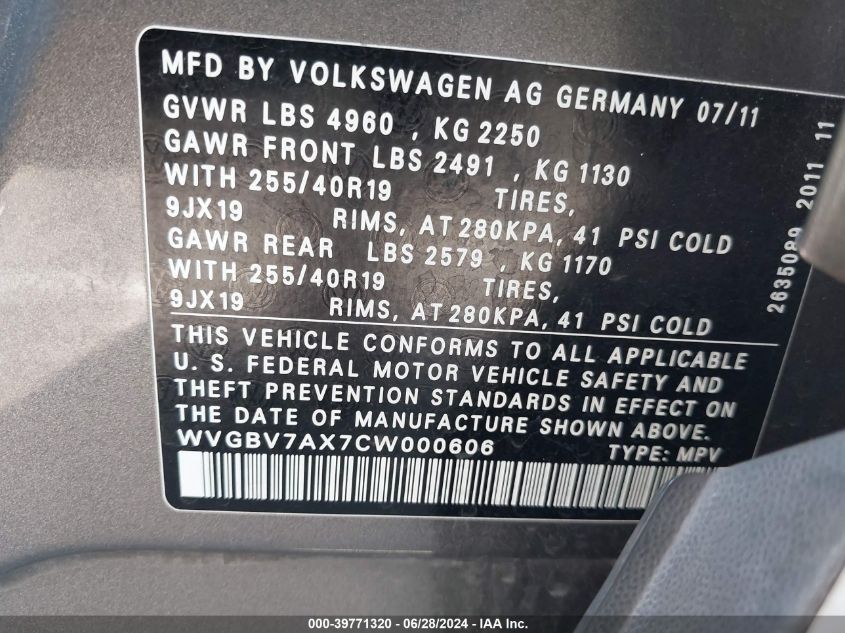 2012 Volkswagen Tiguan Sel VIN: WVGBV7AX7CW000606 Lot: 39771320