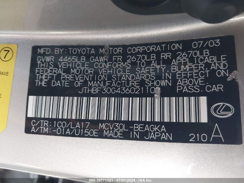 2003 Lexus Es 300 VIN: JTHBF30G436021102 Lot: 39771321