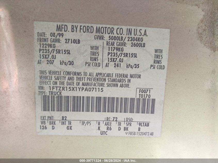 2000 Ford Ranger Xlt VIN: 1FTZR15X1YPA07115 Lot: 39771324