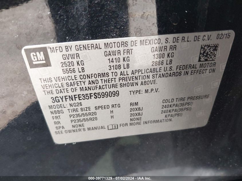 2015 Cadillac Srx Performance Collection VIN: 3GYFNFE35FS599099 Lot: 39771329