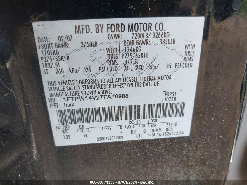 2007 Ford F-150 Fx4/Lariat/Xlt VIN: 1FTPW14V27FA78988 Lot: 39771339