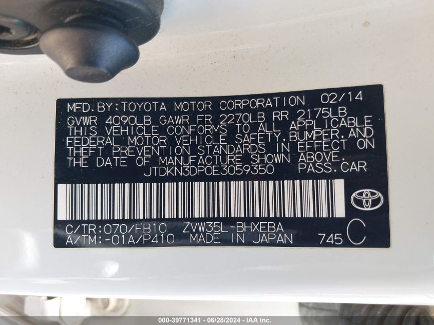 2014 Toyota Prius Plug-In VIN: JTDKN3DP0E3059350 Lot: 39771341