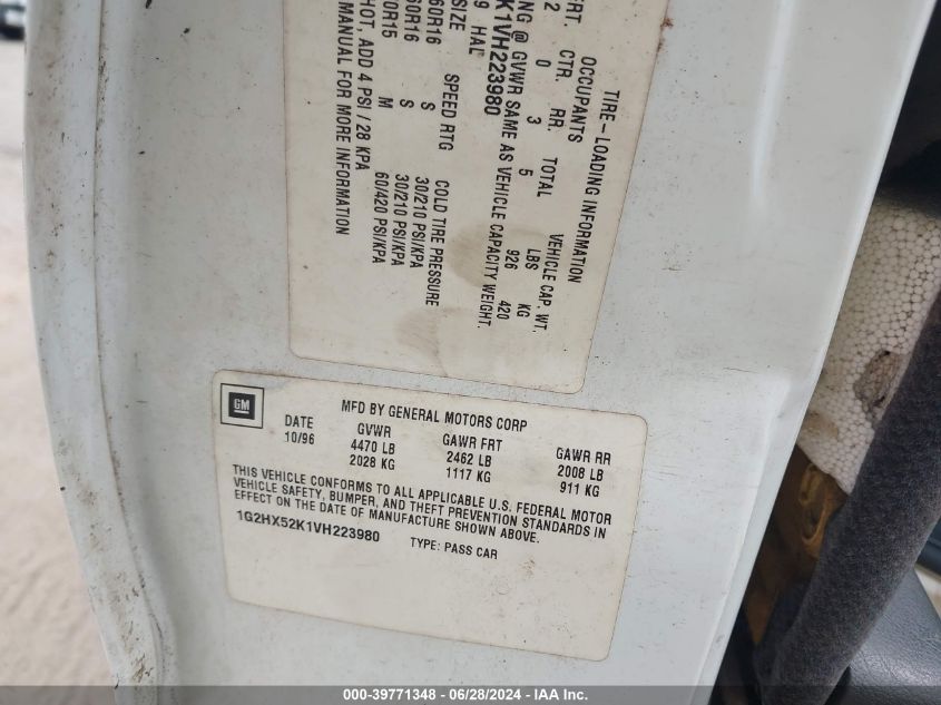 1997 Pontiac Bonneville Se VIN: 1G2HX52K1VH223980 Lot: 39771348