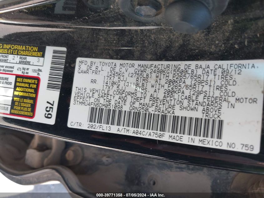 2013 Toyota Tacoma Base V6 VIN: 3TMMU4FN6DM051098 Lot: 39771358
