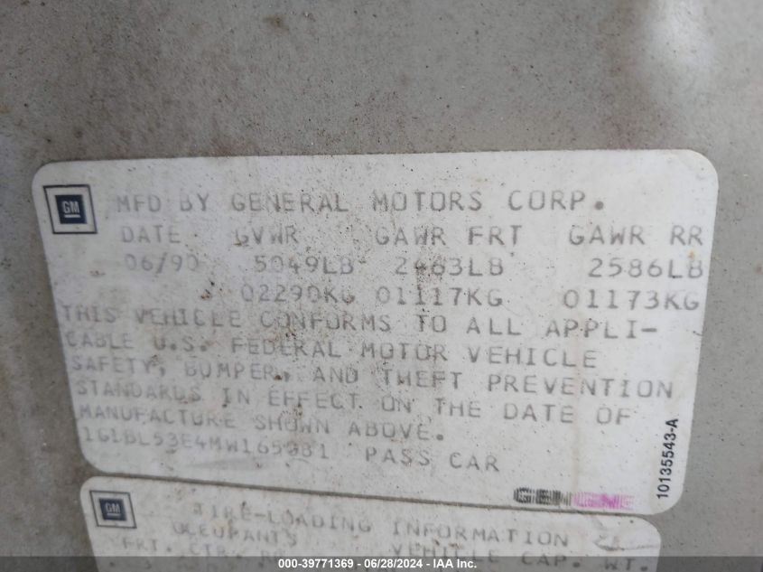 1991 Chevrolet Caprice VIN: 1G1BL53E4MW165081 Lot: 39771369