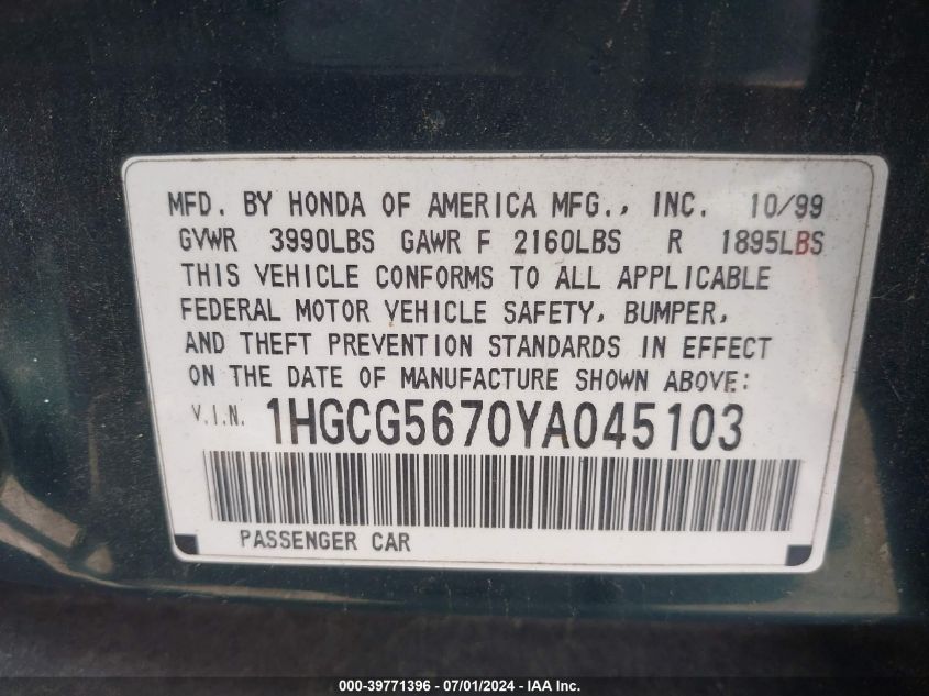 2000 Honda Accord 2.3 Se VIN: 1HGCG5670YA045103 Lot: 39771396