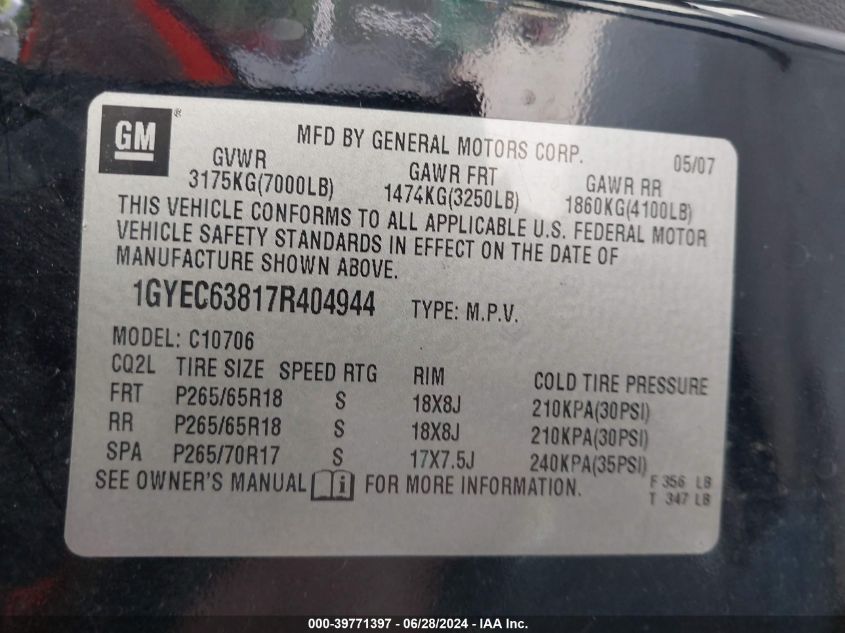 1GYEC63817R404944 2007 Cadillac Escalade Standard