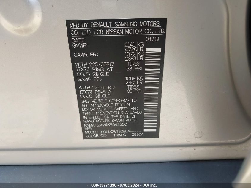 2019 Nissan Rogue Sv VIN: KNMAT2MV4KP542550 Lot: 39771390