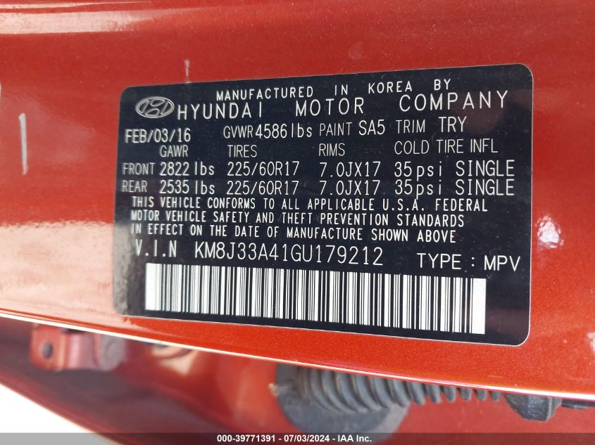 2016 Hyundai Tucson Se VIN: KM8J33A41GU179212 Lot: 39771391