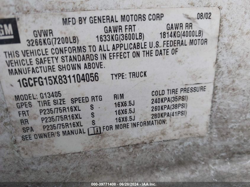 2003 Chevrolet Express VIN: 1GCFG15X831104056 Lot: 39771408