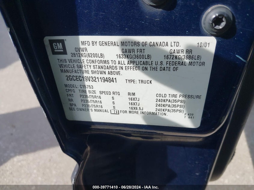 2002 Chevrolet Silverado 1500 Ls VIN: 2GCEC19V321194841 Lot: 39771410