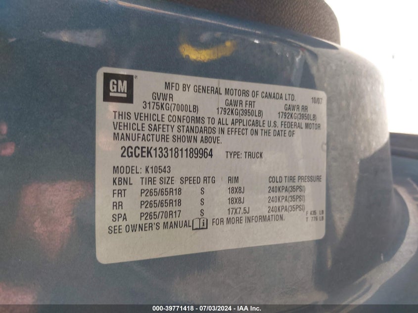 2008 Chevrolet Silverado 1500 Ltz VIN: 2GCEK133181189964 Lot: 39771418