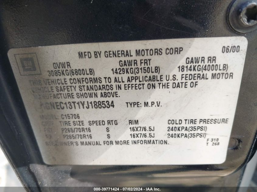 2000 Chevrolet Tahoe All New Lt VIN: 1GNEC13T1YJ188534 Lot: 39771424