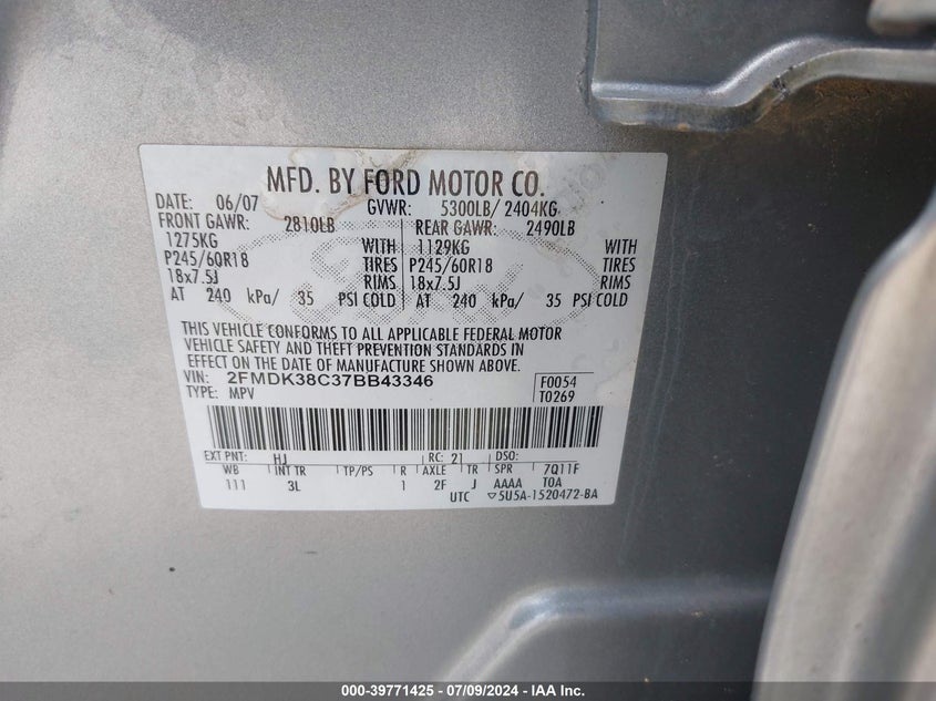 2007 Ford Edge Sel VIN: 2FMDK38C37BB43346 Lot: 39771425