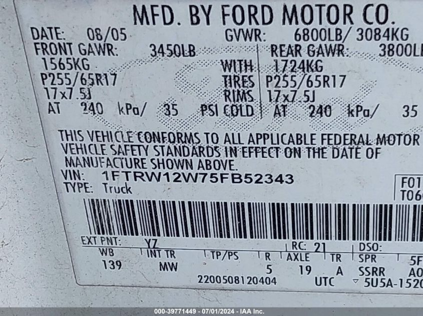 2005 Ford F-150 Xlt VIN: 1FTRW12W75FB52343 Lot: 39771449