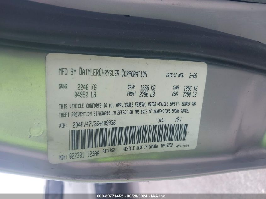 2006 Dodge Magnum VIN: 2D4FV47V26H409936 Lot: 39771452