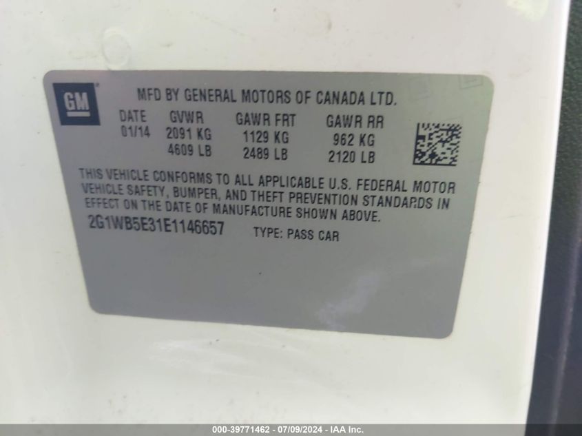 2014 Chevrolet Impala Limited Lt VIN: 2G1WB5E31E1146657 Lot: 39771462