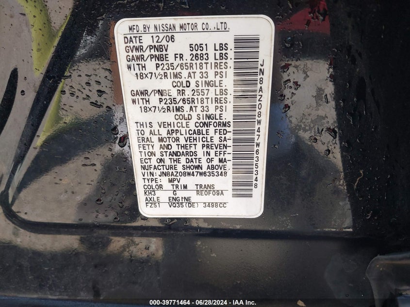 2007 Nissan Murano S VIN: JN8AZ08W47W635348 Lot: 39771464