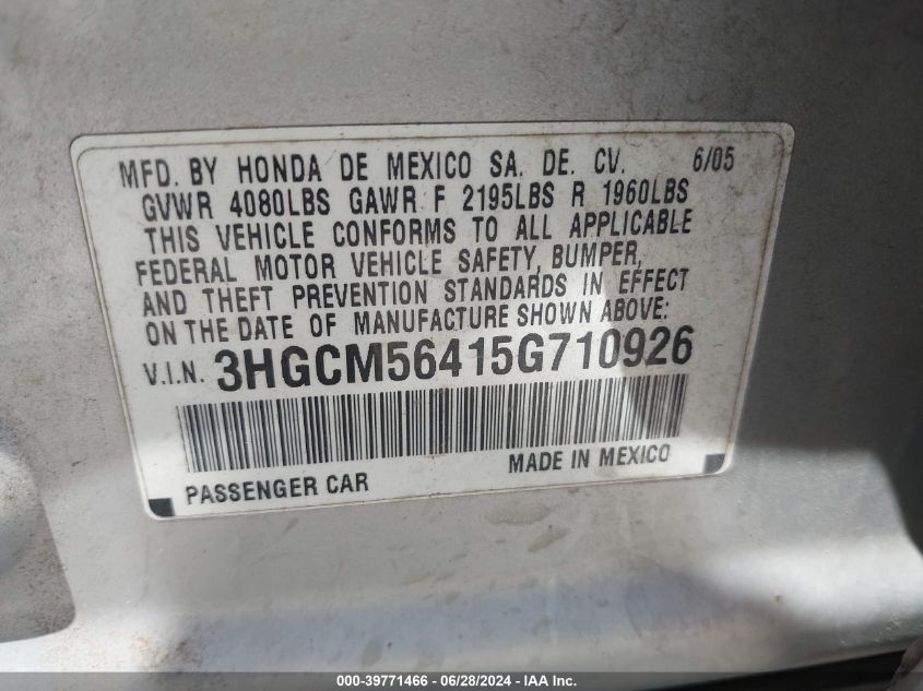 2005 Honda Accord 2.4 Lx VIN: 3HGCM56415G710926 Lot: 39771466