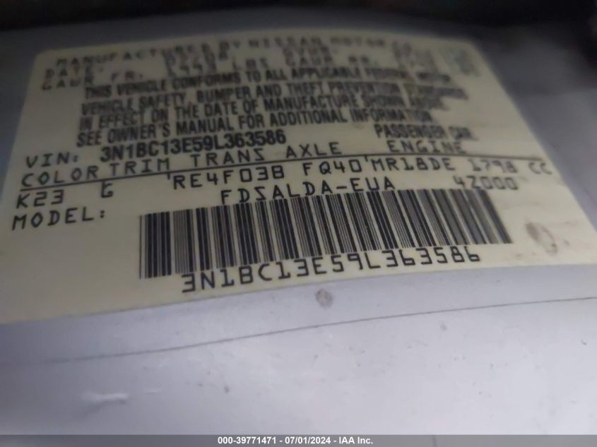 2009 Nissan Versa 1.8S VIN: 3N1BC13E59L363586 Lot: 39771471