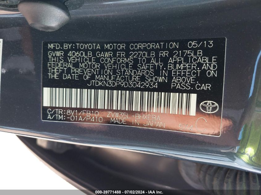 2013 Toyota Prius Plug-In VIN: JTDKN3DP9D3042934 Lot: 39771488