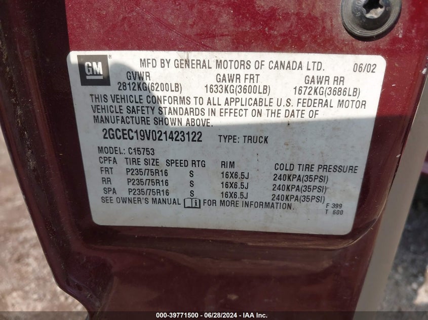 2002 Chevrolet Silverado 1500 Ls VIN: 2GCEC19V021423122 Lot: 39771500