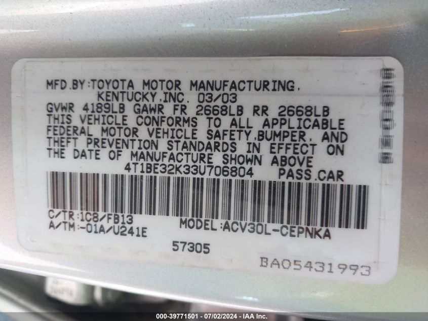 2003 Toyota Camry Le VIN: 4T1BE32K33U706804 Lot: 39771501