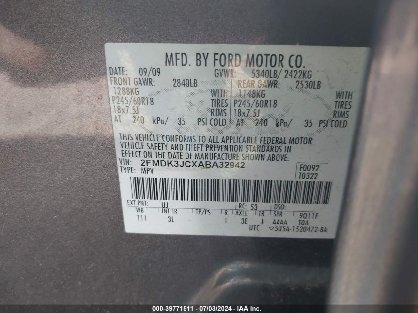 2010 Ford Edge Sel VIN: 2FMDK3JCXABA32942 Lot: 39771511