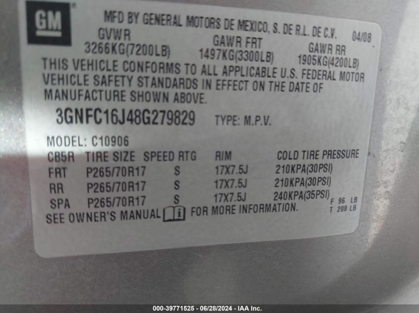 2008 Chevrolet Suburban 1500 Lt VIN: 3GNFC16J48G279829 Lot: 39771525