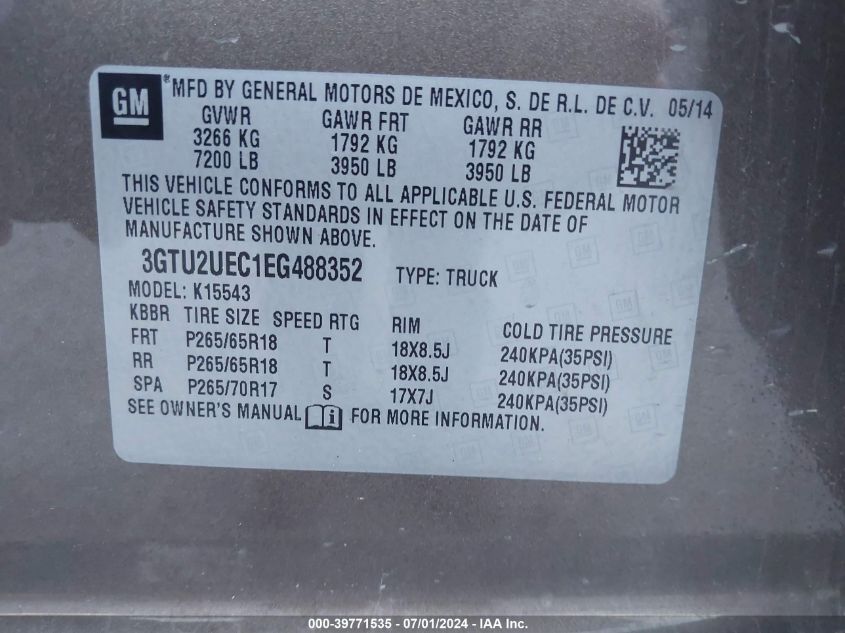 2014 GMC Sierra 1500 Sle VIN: 3GTU2UEC1EG488352 Lot: 39771535