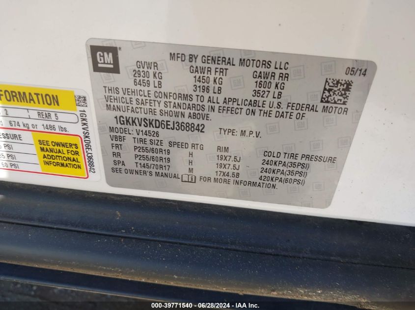 2014 GMC Acadia Slt-2 VIN: 1GKKVSKD6EJ368842 Lot: 39771540