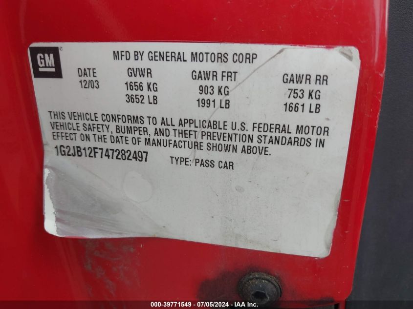 2004 Pontiac Sunfire VIN: 1G2JB12F747282497 Lot: 39771549