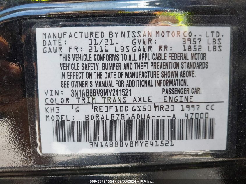 2021 Nissan Sentra S Xtronic Cvt VIN: 3N1AB8BV8MY241521 Lot: 39771554
