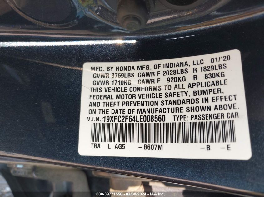 2020 Honda Civic Lx VIN: 19XFC2F64LE008560 Lot: 39771556