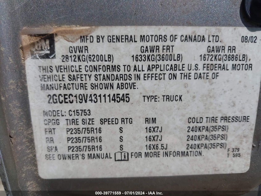 2003 Chevrolet Silverado 1500 Ls VIN: 2GCEC19V431114545 Lot: 39771559